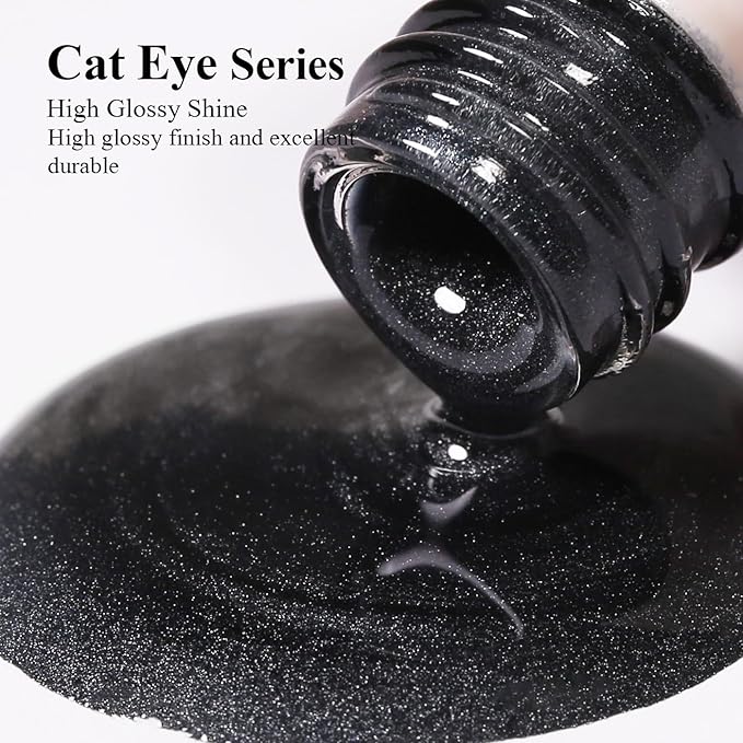 Imtiti Black Cat Eye Gel Nail Polish with Magnet, Holographic Glitter Shimmer Magnetic UV Gel Polish for Nail Art Soak off UV Led