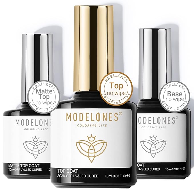modelones Gel Top Coat Base Coat for Gel Nail Polish 3 Pcs, Chrome Proof Matte Top Coat Clear No Wipe Shiny Top Coat Long Lasting High Gloss & Velvet Matte DIY Home Fall Manicure Gift for Women