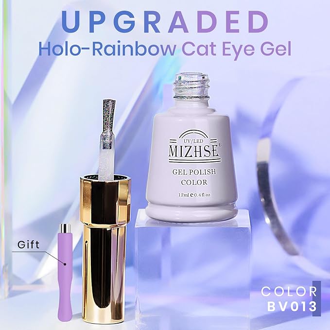 MIZHSE Cat Eye Gel Nail Polish Rainbow Cat Eye Holographic Glitter 9D Cateye Soak Off U V LED Gel Polish for Nail Salon Home DIY Manicure 12ml