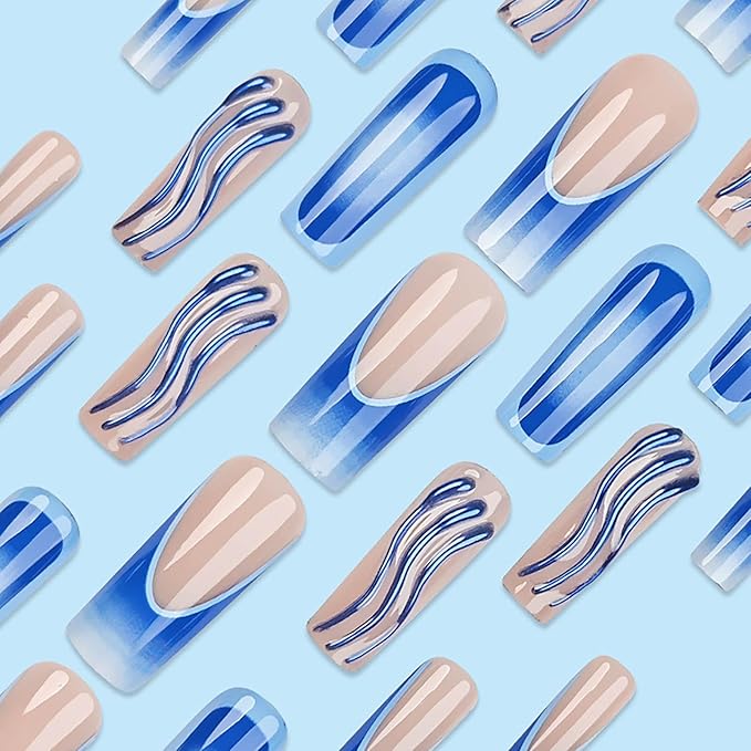 Square Press on Nails Long Blue Ombre Fake Nails with Design French Tips Nail Glue on Nail Glossy Acrylic Nails Press ons Cute False Nails for Women Manicure 24pcs