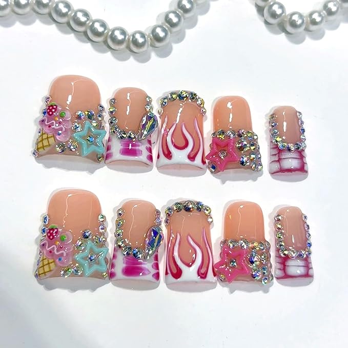 10Pcs Short Duck Press on Nails Handmade Fake Nails with Flame Star Rhinestone Design Multi Layer Gel False Nails Acrylic Duck Nails Press ons Artificial Handmade Stick on Nail for Women (S)