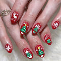 Red Christmas Press on Nails Christmas Trees Elk Snowflake Snowman False Nails Short Oval Xmas Fake Nail Winter Stick on Nail for Women 24 Pcs