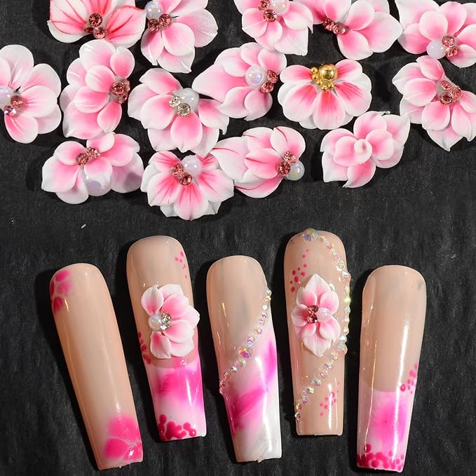 30PCS 3D Handmade Flower Nail Art Charms Advanced Handcrafted Cherry Blossom Flower Colorful Sculpted Floral Nails with Rhinestone Caviar Beads Design for Women Profession Nail Art Craft Jewelry