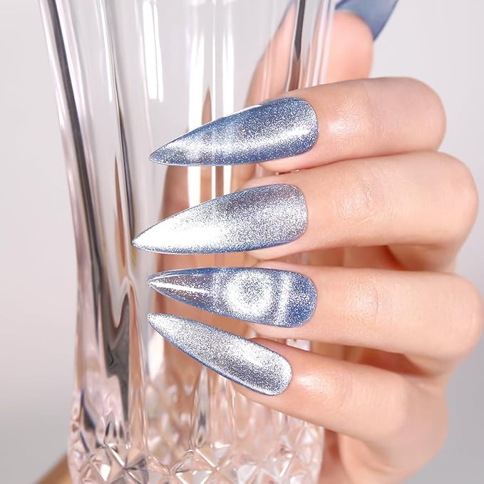 Imtiti Cat Eye Gel Nail Polish, 15ML Blue Holographic Glitter Cat Eye Gel Polish with Magnet UV LED Magnetic Gel Nail Polish Crystal Galaxy Sparkly Home DIY Manicure Nail Salon Kit