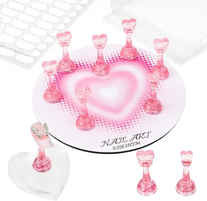 Nail Stands for Press On Nails Painting Display Practice, Powerful Magnetic Nail Tip Holders for Diy Design, Heart Nail Art Stand with 200 PCS Double-Sided Tapes Home Salon Use
