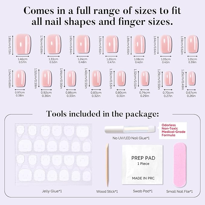 Luxbon Short Press On False Nails with No-Cure Nail Glue and Tool Kit – Square Acrylic Stick On Nails Soft Gel Tips 30-32pcs Full Size Set, Reusable Fake Nails for Women, White Optical Plating, Pink