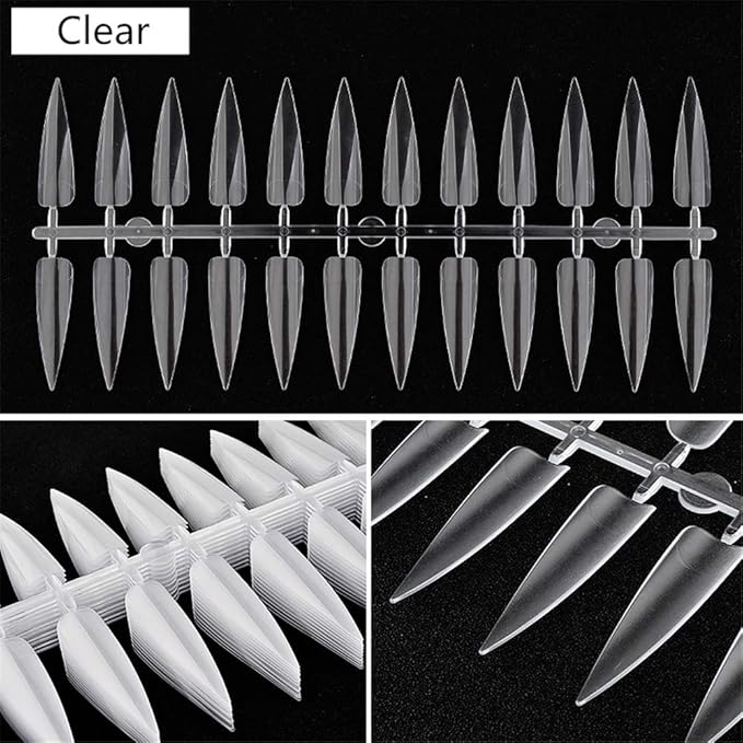 3 Pack Total 720 Tips Mixed Color Nail Tips Short Stiletto False Nails Pointed Sharp Fake Nails for Daily Wear On the Nail Tree Black/Clear/Natural Nail Art Supplies Nail Display Tips for Practice
