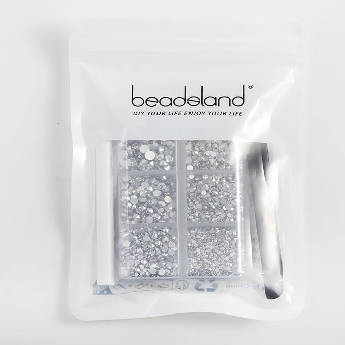 Beadsland 4300pcs Flatback Rhinestones,Silver Rhinestone Nail Gems Round Crystal Rhinestones for Crafts,Mixed 6 Sizes with Picking Tweezers and Wax Pencil Kit, SS6-SS20,Silver Hematite