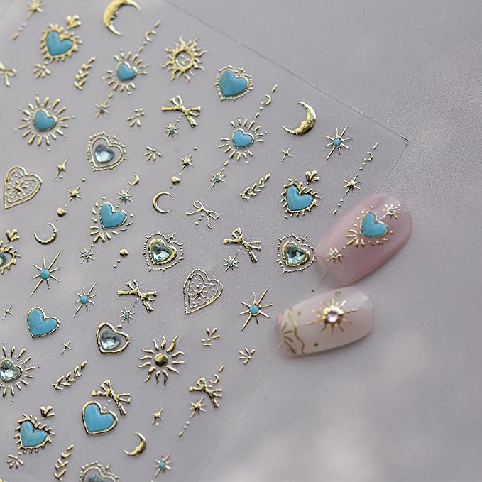 Heart Nail Sticker Decals Star Moon Nail Art Stickers with Diamond Design Red Blue Nails Decals 5D Embossed Self Adhesive Love Nail Charms for Women Girls Kid Manicure Supply Decoration Accessories