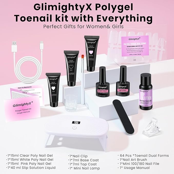 Poly Gel Nail Kit for Toes with UV Light,GlimightyX Polygel Toenail Starter Kit with Everything ,3 Color Clear White Pink Poly Gel 40ml Slip Solution,Toenail Dual Forms Extension DIY Salon Home