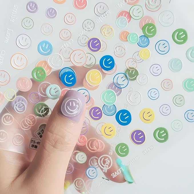 Dedyel Smile Nail Art Stickers Cute Nail Stickers Cartoon Nail Stickers 5D Embossed Smile Face Nail Stickers Kawaii Self-Adhesive Nail Stickers for Women Girls Kids Nail Art Decoration