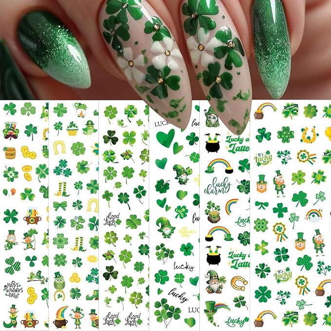 6 Sheets St. Patrick's Day Nail Art Stickers 3D Self Adhesive Green Shamrock Nails Stickers Rainbow Golden Jar Coin Design Irish Nail Decals Nails Art Supply for St. Patricks Day Manicure Decoration