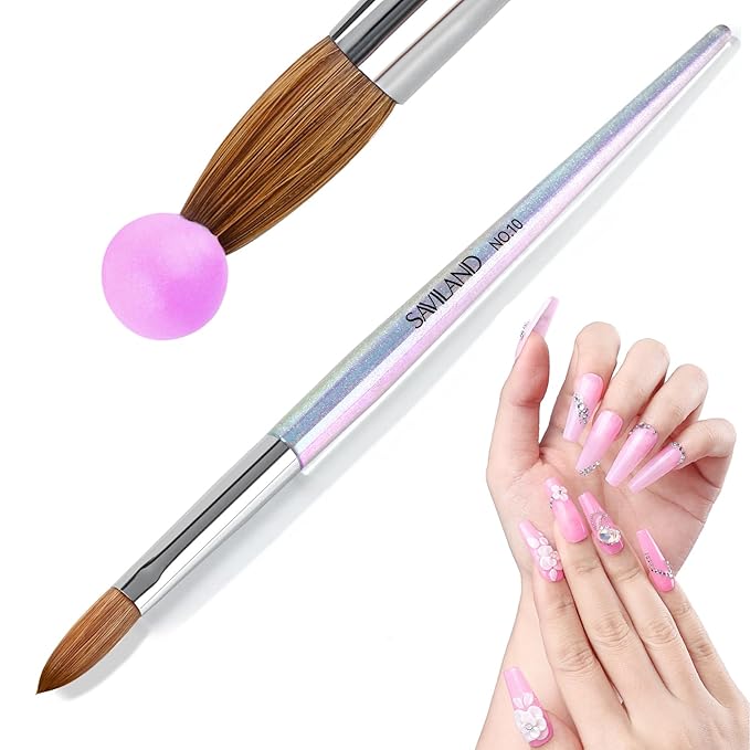 SAVILAND Kolinsky Acrylic Nail Brush: Size 10 Kolinsky Hair Professional Acrylic Brush for Nails Art Extension & Acrylic Powder Application, Blue Aurora Glitter Nail Brush Salon-Grade Manicures Home