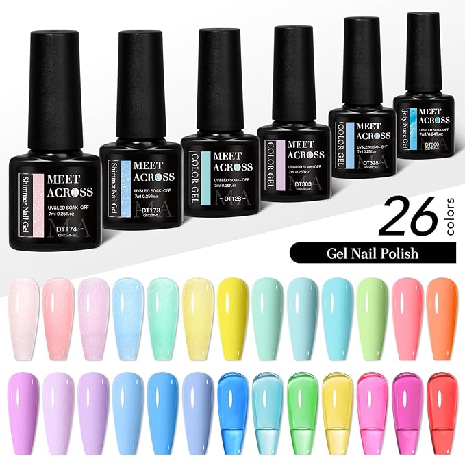 MEET ACROSS 30Pcs Jelly Gel Nail Polish Set Bright Gel Polish Nude Pink Blue Green Lavender Nail Polish Manicure Kit Gift for Her Women 26 Colors
