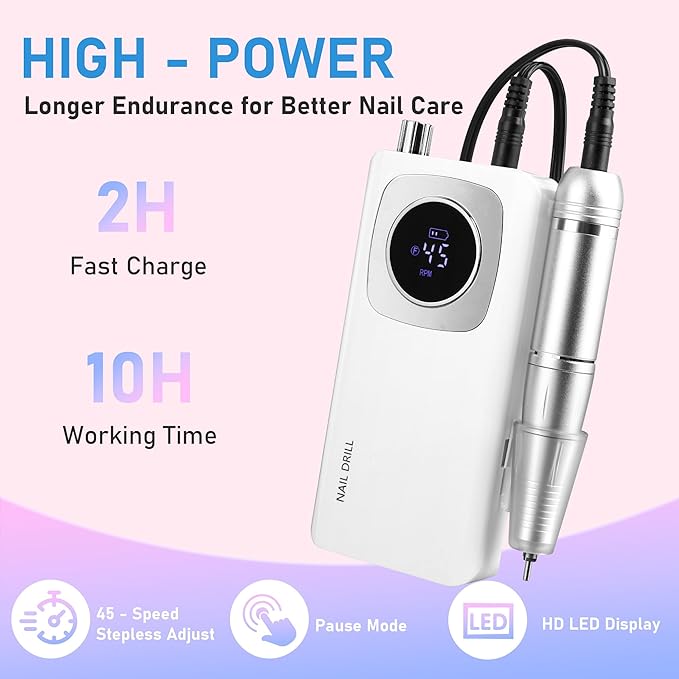 Portable Electric Nail Drill Professional 45000 RPM, Rechargeable Electric Nail File Machine Kit for Acrylic Gel Nails Polishing Removing, Quiet E-File with Bits for Manicure Salon Home
