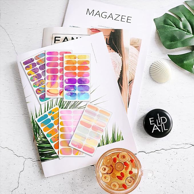 WOKOTO 12 Sheets Macarons Colors Gradient Nail Polish Strips, Marble Nail Stickers Full Wraps for Women Nail Art Wraps Colorful Graffiti Sticker Nails for Women Gel Nail Strips Kit