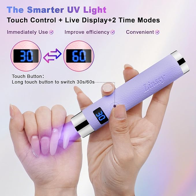 Mini UV Light for Nails with Auto Sensor & Gooseneck Stand,Portable Cordless Nail Lamp Flash Cure Lamp with LCD Display,Handheld UV Light for Gel Nails at Salon & Home Use (Purple)