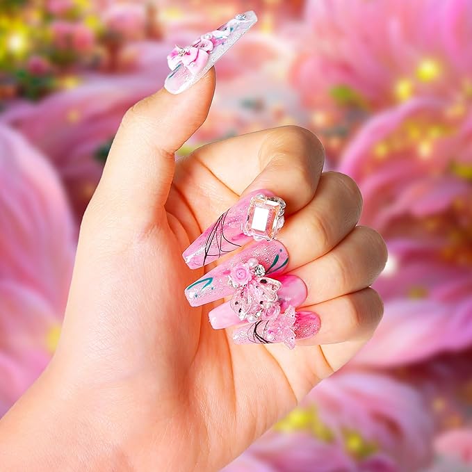 LOVFUL Press on Nails Victorian's Dreams | Handmade with Full Covered Crystals | Reusable Full Cover Nails | Coffin Classic Regular 1.3 in | H462-L