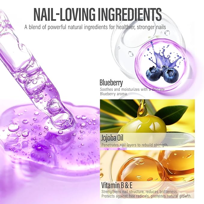 CHUCHU Nail Cuticle Oil Strengthener - Blueberry Scent Repair Growth Moisturizing Treatment - Natural Jojoba Vitamin B & E for Dry Cracked Nails