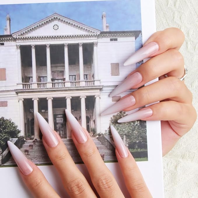 24pcs Gradient Nude Long Almond Press On Nails, Reusable Nail Kit with Nail Adhesive Tabs Mini Nail File, 12 Sizes (Gradient Nude)