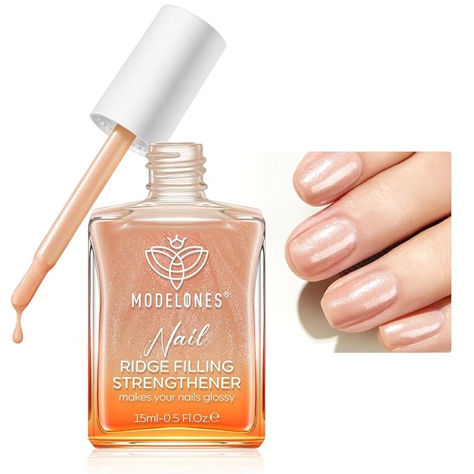 modelones Nail Strengthener 8-in-One Nail Repair for Damaged Nails Strengthener and Growth Nail Ridge Filler Glitter Nude Nail Polish 15ml