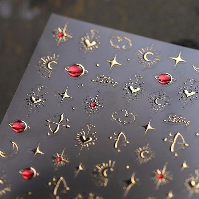 5D Embossed Nail Stickers Gold Star Nail Art Stickers Heart Nail Decals Self-Adhesive Nail Art for Women Moon Sun Nail Manicure Decoration