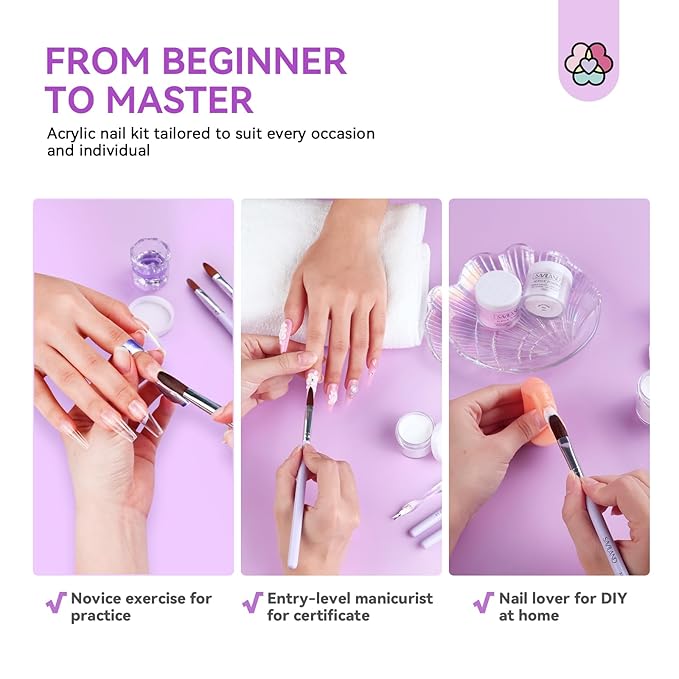 SAVILAND Acrylic Nail Kit for Beginners: White Pink Clear Acrylic Powder and Liquid Set with Nail Dehydrator Primer Brushes Forms Tips Tools Nails Kit Acrylic Set with Everything Home DIY