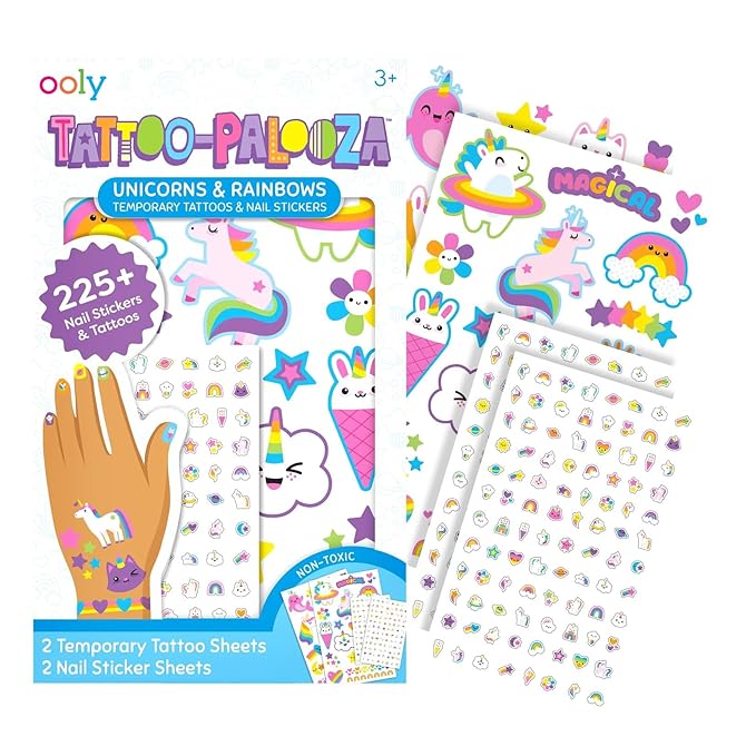 Ooly Set of 35 Unicorn & Rainbow Temporary Tattoos and 192 Nail Stickers for Kids, Non-Toxic, Safe Kids Tattoos, Party Favors, Goodie Bag Stuffers, Birthday Decorations for Girls Ages +3
