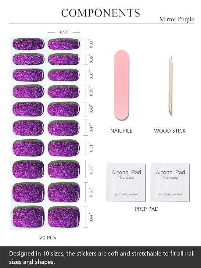 Semi Cured Gel Nail Strips (Mirror Purple), Chameleon, 20 Pcs Gel Nail Wraps, Stickers, Salon Quality, Long Lasting, Works with Any UV Lamps