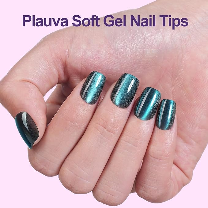 240Pcs Cat Eye Press on Nails Short Square, Plauva Soft Gel Fake Nails, Glossy Glitter Cat Eye Nail Tips for Women and Girls Stick On Nails in 12 Sizes
