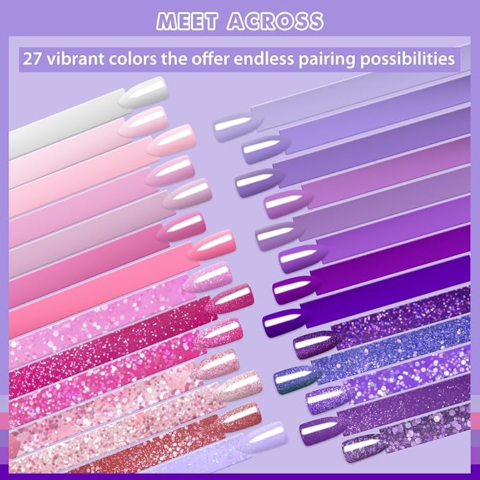 MEET ACROSS 30pcs Gel Nail Polish Set,Soak Off UV LED Lamp Gel Nail Polish Kit,Fashion Shimmer Nail Art Design Gifts for Women Manicure Salon (Pink Purple)