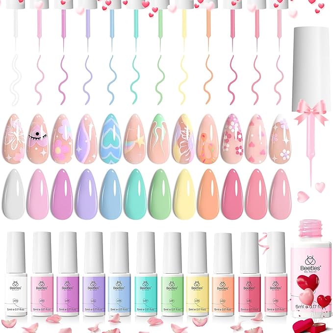 Beetles Pastel Gel Liner Nail Polish Set, 12 Colors Spring Sheer Pink Nude Blue Purple White Yellow Orange French Line Swirl Nail Art Gel Polish Soak Off Uv Lamp Manicure Gifts for Women