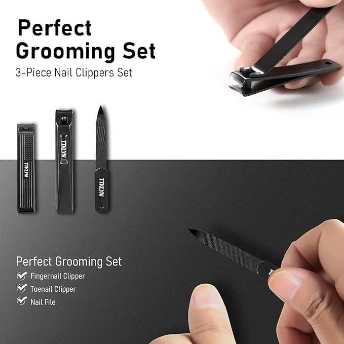 Nail Clippers Set 3 Pack, Ergonomic Non-Slip Handle Sharp Stainless Steel & Zinc Alloy Fingernail and Toenail Clippers with Nail File, Large/Small Nail Cutter for Men & Women, Black
