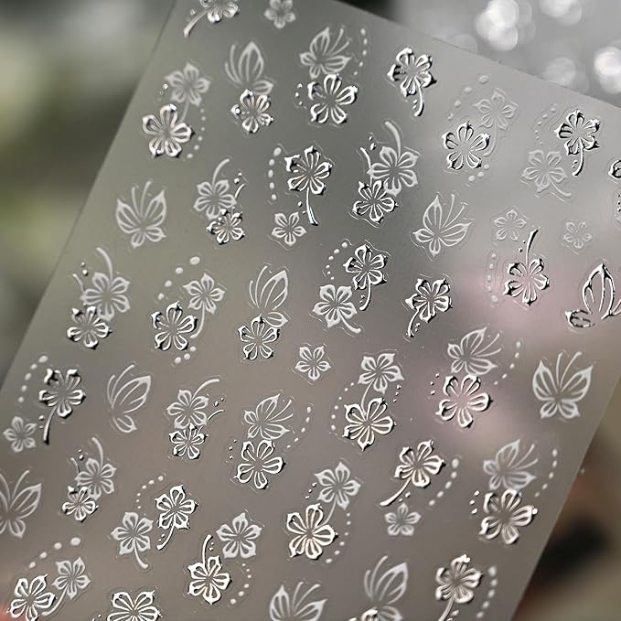 Spring Nail Stickers Silvery Flower Nail Art Stickers 5D Embossed Nail Decals White Butterfly Self-Adhesive Nail Art for Women Floral Nail Manicure Decoration