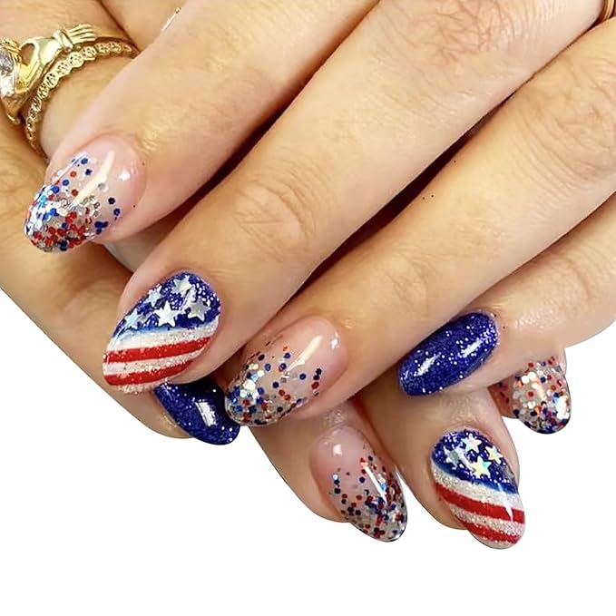 4th of July Press on Nails Short Almond Fake Nails America Flag Blue Red Glitter False Nails with Designs Full Cover Tricolor Flag Glossy Glue on Nails Acrylic Artificial Nails for Women Girls 24Pcs