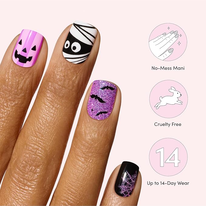 Dashing Diva Gloss Nail Strips - My Boyfriend Jack - UV Free, Chip Resistant, Long Lasting Gel Nail Stickers - 3-Piece Halloween Glow-In-The-Dark Manicure Set - Contains 32 Wraps, 1 Prep Pad, 1 File