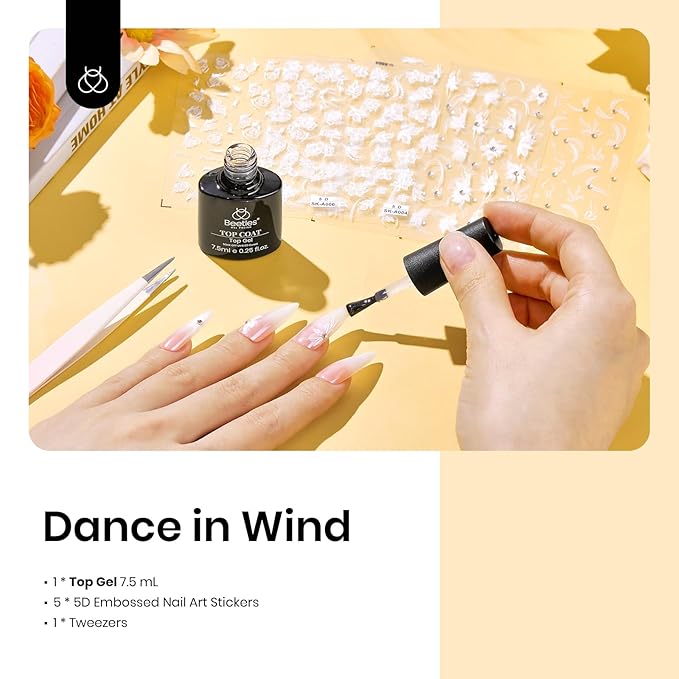Beetles Gel Top Coat With 6 Pcs Nail Stickers for Nail Art, 5D Rhinestones Sticker Embossed White Flower Design with Nail Tweezer Pegatinas Uñas Nail Gems Decorations for Women
