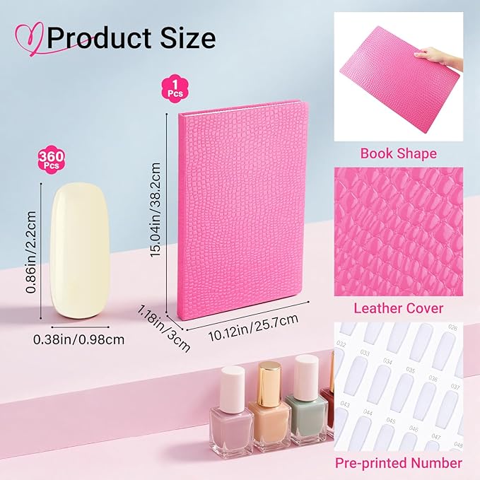Segbeauty 308 Color Nail Polish Swatches Book for Press Ons, Gel Nail Display Book, Red Press On Nails Stand with 360 Fake Nails Tips, Polish Swatches Color Display Board Organizer Case Art Salon