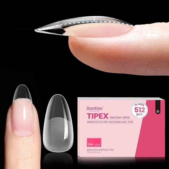 Beetles Tipex Instant Apex Nail Tips, 512Pcs Medium Oval Almond Pre-building Pre-Sculpted Pre-etched Acrylic Nail Tips Full Cover Press-on False Nail Extension