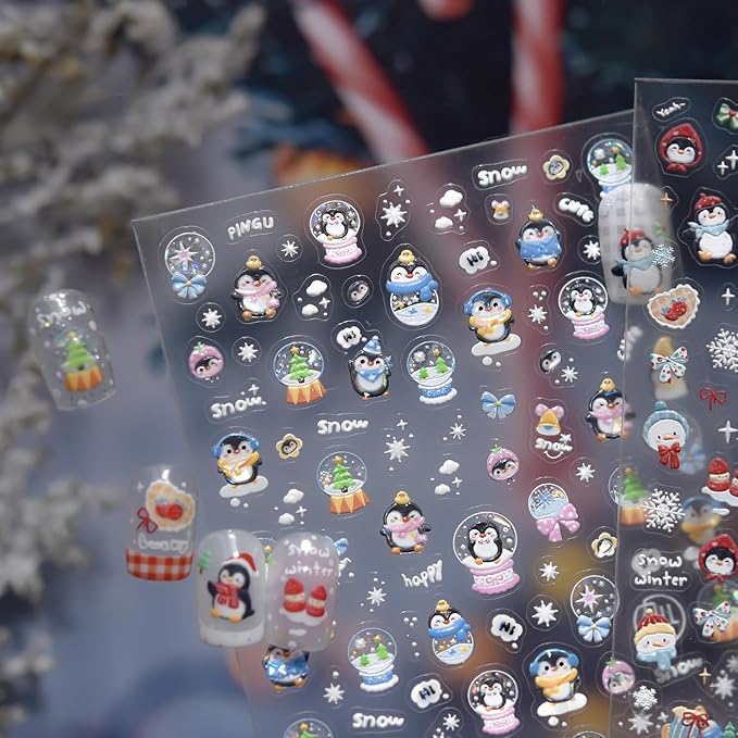 Cute Nail Stickers Penguin Nail Decals Snowflake Nail Art Stickers Winter with Design 5D Embossed Self Adhesive Christmas Nails Sticker for Women Girls Xmas Manicure DIY Decoration