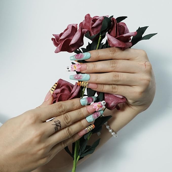 3D Floral French Tip Long Coffin Press On Nails, Zebra Print with Handmade Lotus Flower Glossy Acrylic Nails Full Cover Stick on Nails for Women (Playful Zebra with Lotus,S)
