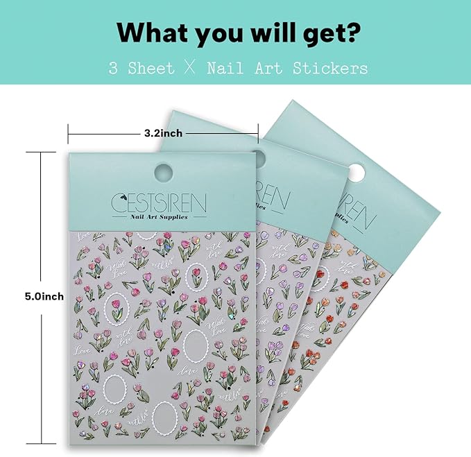 Aurora Tulip Floral Nail Art Stickers, Golden Flower Nail Decals, Self-Adhesive,Summer Spring Nail Accessories for Women, Nail Decorations 3 Sheets
