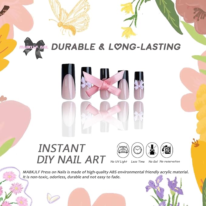 Square Press on Nails Long MABKJLF Black French Tip Fake Nails False Nails with Pink Bow Charms Ribbon Designs Glossy Glue on Nails Stick on Nail for Women Girls 24Pcs