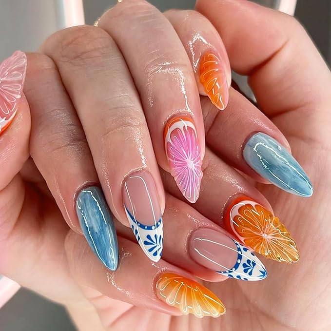 6 Packs (144 Pcs) | Reusable Press on Nails | Stick on Nails 12 Sizes-6 Styles|Almond Nails