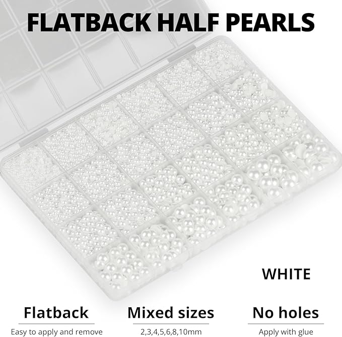 10000Pcs White Flatback Pearls with Glue Kit for Bedazzling Crafts Crafting Shoes Nail Art Decoration, Mixed Sizes 2mm 3mm 4mm 5mm 6mm 8mm 10mm White Half Round Flat Back Pearls Beads Set