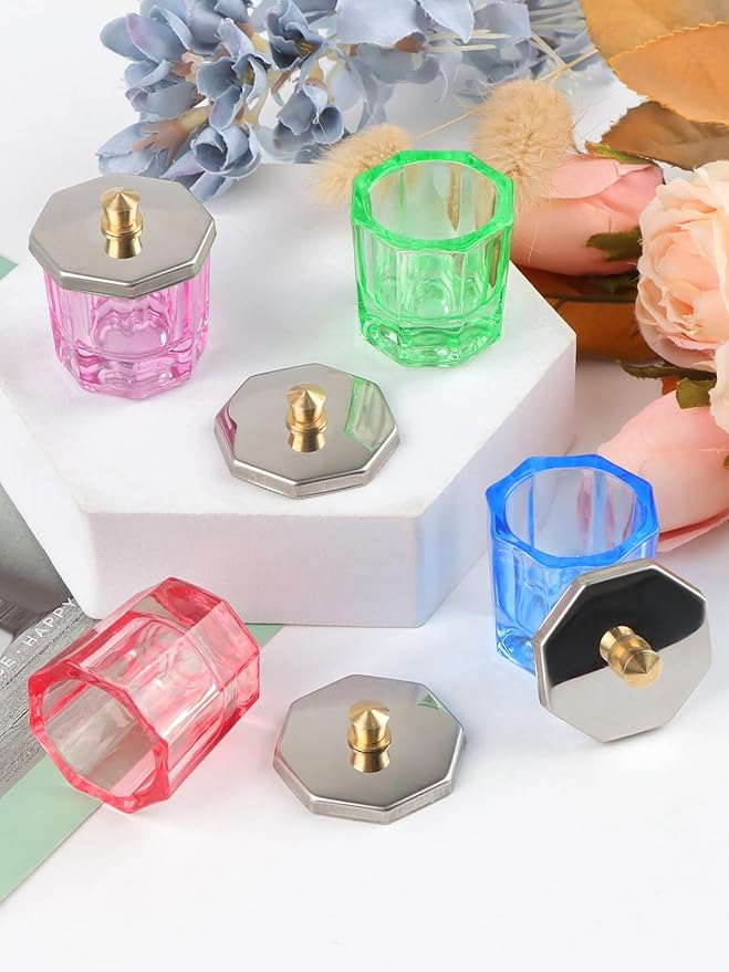 TOROKOM 4 Colors Dappen Dish for Acrylic Nails, Glass Crystal Acrylic Powder Holder with Lid Nail Art Acrylic Liquid Cups Nail Crystal Bowl Glassware Tools for Nail Art Manicure