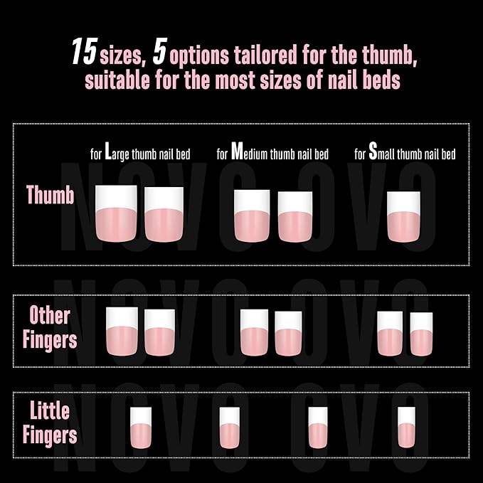 NOVO OVO Old School Wide White French Short Sharp Square Tip Nail Tips Press on BABY PINK, Need Builder Gel Top Coat Nail Glue, Soft Gel Full Cover Fake Nail Extension, for DIY x 15 Sizes 240 pcs