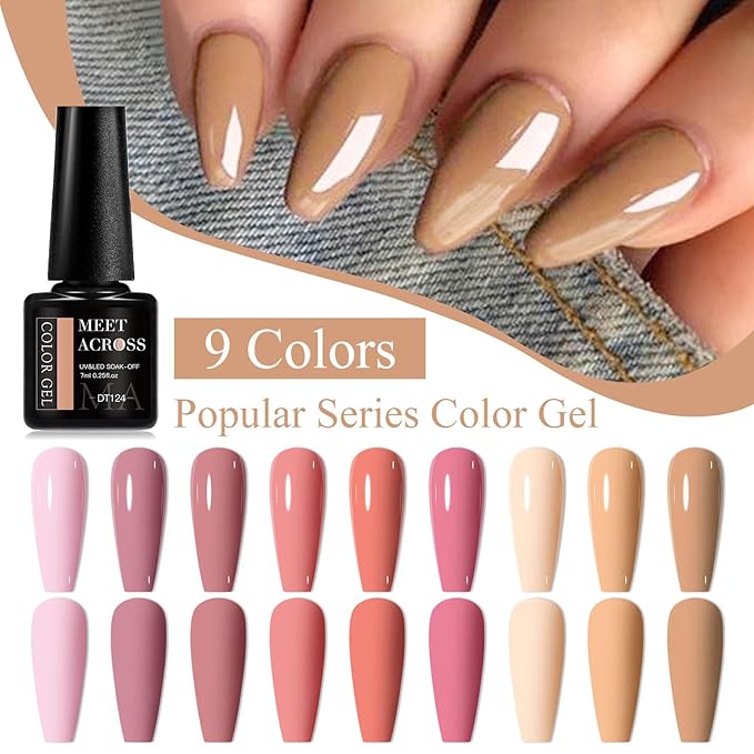 MEET ACROSS 12pcs Gel Nail Polish Set,Soak Off UV LED Lamp Gel Nail Polish Kit,Fashion Shimmer Nail Art Design Gifts for Women Manicure Salon (Milky tea)