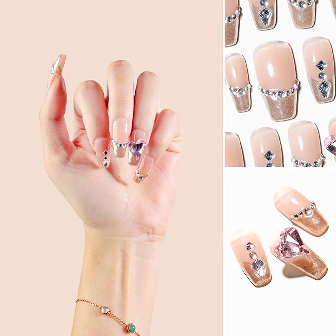 Sun&Beam Nails Handmade Press-on Medium Long Coffin Ballerina Nude Gold French Rhinestone Design False Nail Tips 10 Pcs (#136 L)