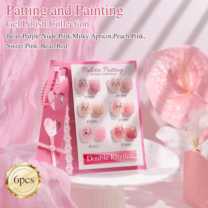 Double Rhythm Painting Gel Polish Set for Nail Art Palette Patting Gel Polish 6 Colors with 100 Pcs Sponges and Grabbing Pen (Nude Pink Purple Rose-T6-65)